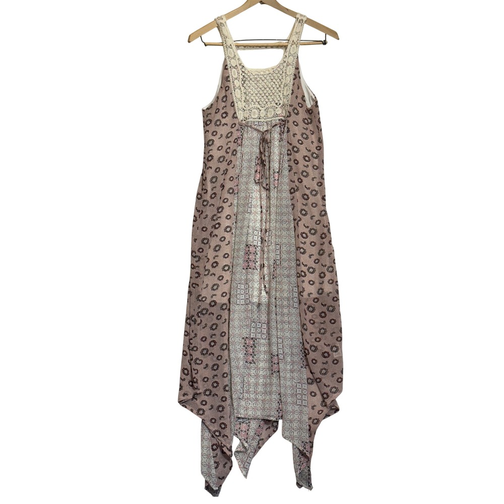 Maurices Crochet Lace Handkerchief Hem Midi Dress Boho Pink Floral Womens Medium